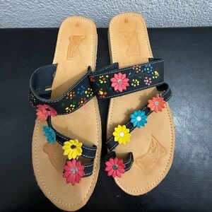 Floral Embellished Black Leather Sandals Handmade in Mexico